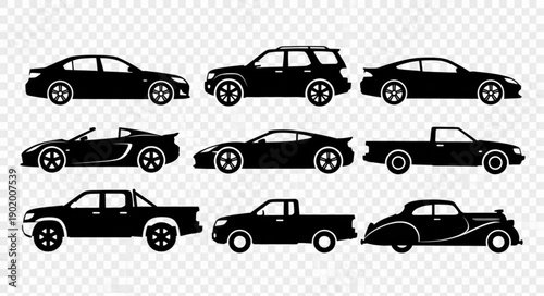 Collection of Black Car Silhouettes on Transparent Background.
