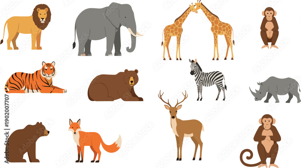 Obraz premium Wild Animal Illustration Set Featuring Lion Elephant Giraffe Tiger Bear Zebra Rhino Deer Monkey and Fox for Nature Design