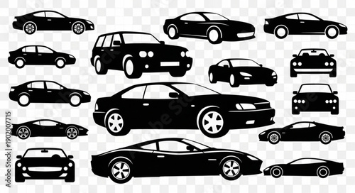 Collection of Black Car Silhouettes Various Models and Angles.