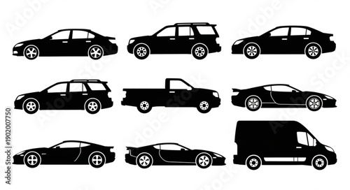 Collection of Black Car Silhouettes Various Vehicle Types.