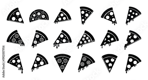A collection of various pizza slice silhouettes with dripping cheese ideal for design projects on transparent background high quality professional detailed