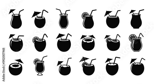 A collection of black coconut drink silhouettes with various garnishes ideal for design projects on transparent background high quality professional detailed