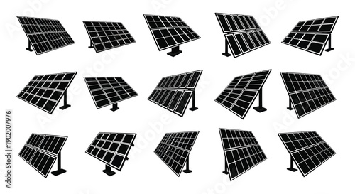 A collection of various solar panel angles depicted in a black silhouette on transparent background high quality professional detailed modern elegant