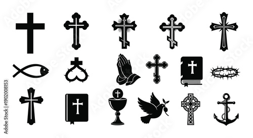 A collection of religious symbols including crosses a fish and a dove in black silhouette on transparent background high quality professional