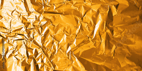 Crumpled golden foil background. Vector realistic illustration of wrinkled gold paper texture, glossy metallic surface with wrinkles, yellow shiny material with light reflection, precious wrapping