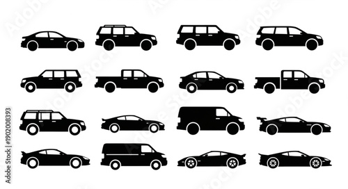Collection of Black Car Silhouettes Isolated on White Background.