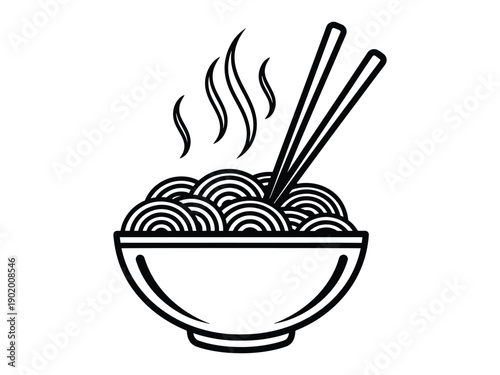 A simple black and white illustration of a steaming bowl of noodles with chopsticks.