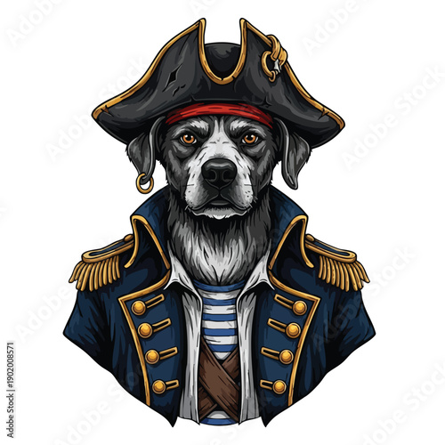 Regal Pirate Dog Portrait in Full Naval Attire.