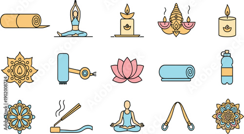 Yoga and Wellness Icon Vector Set with Meditation Poses Candle Lotus Mandala Incense Fitness Accessories and Mindfulness Symbols