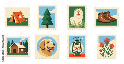 Retro Flat Vector Outdoors Camping and Nature Postage Stamp Collection for Scrapbooking and Travel Stationery
