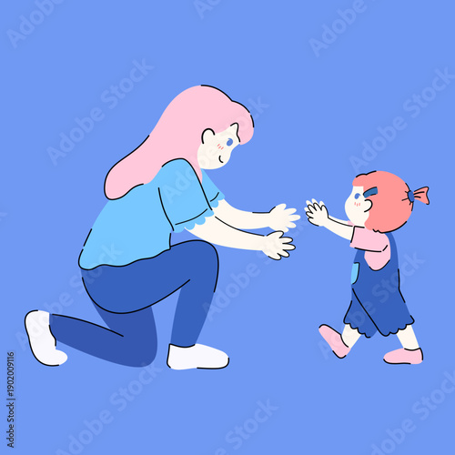 Vector of Baby First Steps with Proud Smiling Mother Ready to Hug Her Illustration