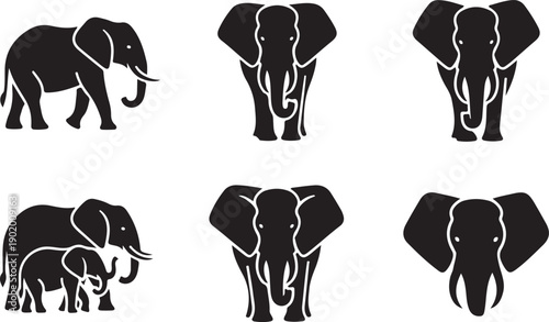 Six distinct silhouettes of elephants in various poses and perspectives