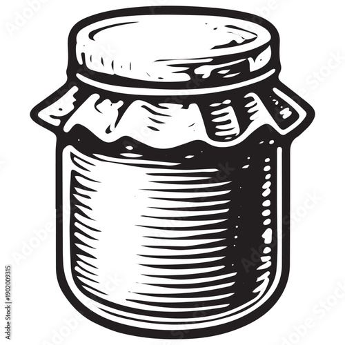 Vintage Jam Jar Cloth Lid Engraving Retro Preserve Bottle Hand Drawn Kitchen Line Art Illustration