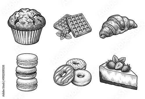 Vintage hand drawn engraving illustration set of bakery items including muffin, waffles, croissant, macarons, donuts, and strawberry cheesecake slice.