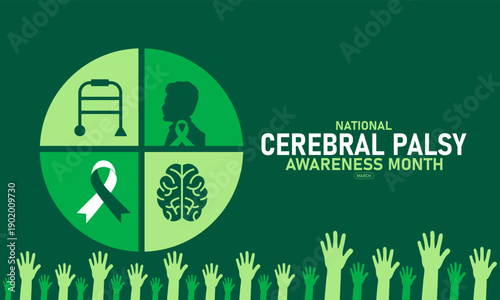 National Cerebral Palsy Awareness Month Vector Green Ribbon Brain Child Wheelchair Support CP Health March Banner Design Infographic Stock Graphic Template