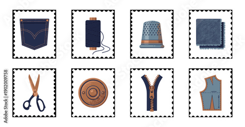 Flat Vector Denim Tailoring Accessories Postage Stamp Collection for Fashion Design and Textile Crafting Projects