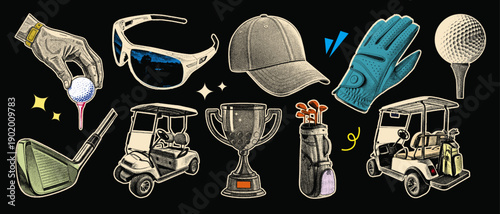 set of golf equipment halftone collage art cutouts. Golf Cap, Hand Placing Golf Ball, Golf Bag, Trophy Cup, Golf Glove, Sunglass, Golf Cart. with dot texture for scrapbook. grunge illustration.
