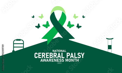 National Cerebral Palsy Awareness Month Vector Green Ribbon Brain Child Wheelchair Support CP Health March Banner Design Infographic Stock Graphic Template