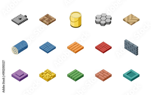 Isometric collection of construction materials and flooring texture icons including bricks, wood planks, tiles, paving stones, and paint buckets for architectural design.