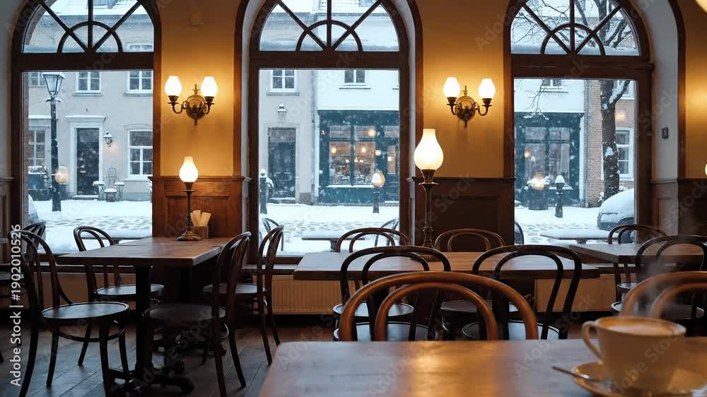 custom made wallpaper toronto digitalCozy cafe interior with large windows overlooking a snowy street scene.