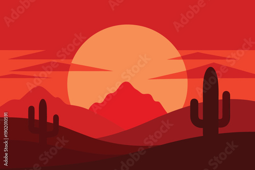 Flat design desert panorama depicting a large orange sun descending behind a striking red mountain range
