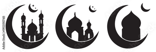 MobileRamadan Kareem Crescent Moon Mosque Silhouette Set. Islamic Ramadan Moon and Mosque Black Silhouette Icons. Eid Mubarak Crescent Moon Mosque Vector Silhouette Collection. Islamic mosque arch win