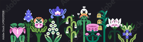 Abstract flower with different geometric and irregular shapes on banner. Various wildflowers in symmetrical and whimsical styles. Blooming meadow plants with leaves. Flat isolated vector illustration