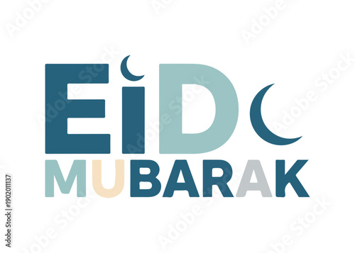 Eid Mubarak greeting with stylized text and crescent moons, celebrating Islamic festival.