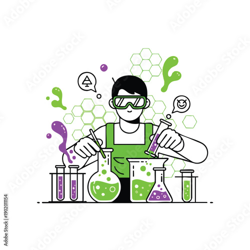 Scientist working in a laboratory with various beakers and test tubes conducting experiments.