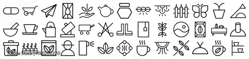 Gardening and herbal tea line icon set. Vector pictograms of teapot, leaves, seedlings, boots, butterfly, cup, watering can, and shears, thin outline illustration.