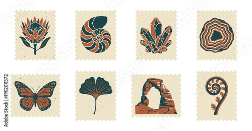 Linocut Earthy Nature Elements Postage Stamp Collection for Botanical Scrapbooking and Stationery Design