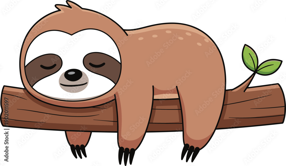 Naklejka premium Cute sloth cartoon illustration – sleepy jungle animal resting on tree branch with green leaves, peaceful smile, and whimsical design in vector style
