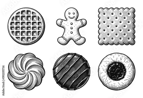 Set of six hand drawn vintage engraving style cookies and sweets including gingerbread man waffle and biscuits.