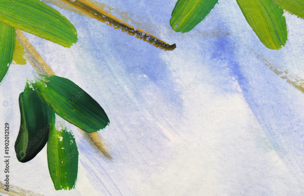Fototapeta premium Closeup of painting with green leaves and blue background