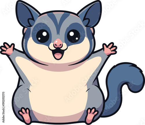 Cute sugar glider cartoon illustration – playful marsupial with big eyes, pink nose, bushy tail, and cheerful smile in flat vector style