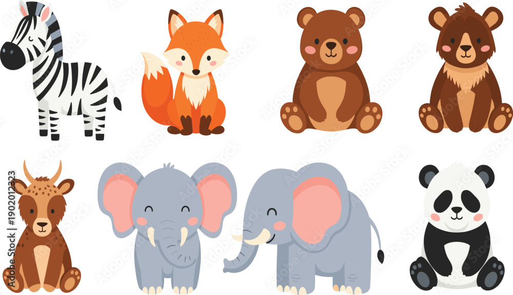 Fototapeta premium Cute Cartoon Wild Animal Vector Set with Zebra Fox Bear Deer Elephant Panda Characters for Kids and Nursery Designs