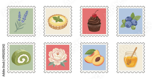 Flat Illustration Botanical Sweets and Treats Postage Stamp Collection for Scrapbooking and Culinary Stationery