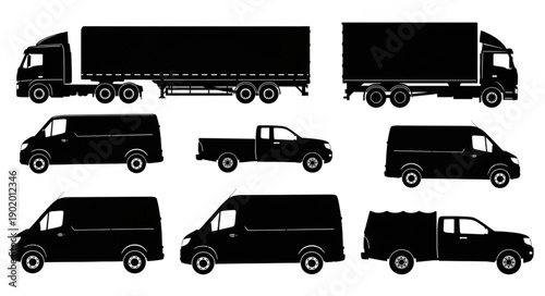 Collection of Black Silhouettes of Various Trucks and Vans.