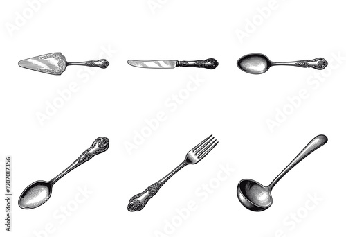 Vintage silverware collection featuring ornate engraved cutlery, ladle, and cake server in a classic woodcut illustration style.