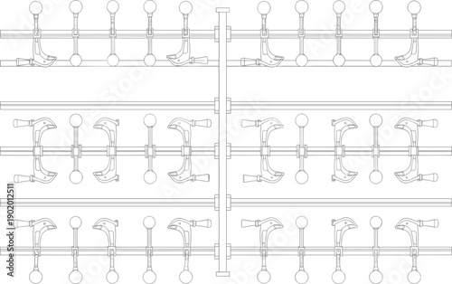 Technical schematic drawing of mechanical clamps and rods arranged symmetrically, showing industrial engineering design, manufacturing equipment, and assembly reference illustration.
