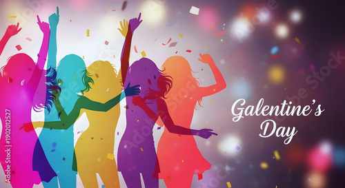 Colourful Silhouette of Women Dancing at Party Celebrating Galentine’s Day and Friendship