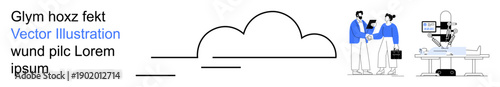 Digital transformation, teamwork, technology, scientific research, business solutions, innovation. Business professionals shaking hands, lab setup with machines. Cloud computing and teamwork concept
