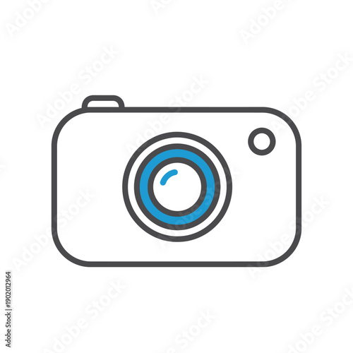 Minimalist graphic of a modern digital camera with a blue lens, representing photography and imaging technology