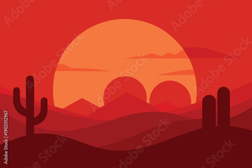 Minimalist desert landscape showing a warm orange sunset over rolling hills and saguaro cactus silhouettes