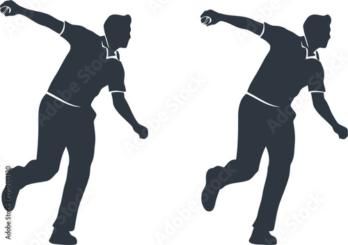 Two dark gray silhouettes of a man bowling on white background