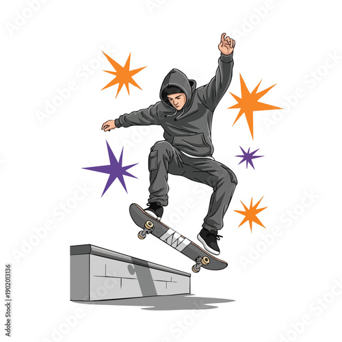 Skateboarder in midair performing a trick with dynamic energy.
