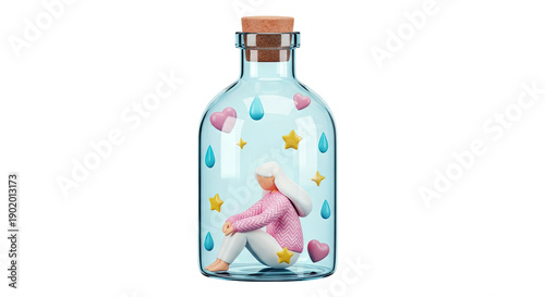 Woman trapped in a bottle with stars, hearts, and raindrops