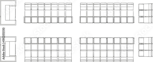 Top‑down schematic layout of classroom or conference seating arrangement with organized rows, blocks, and tables for education, training, and group activities.