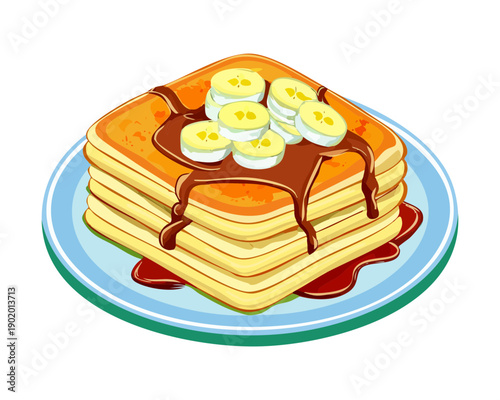 Classic stack of square waffles topped with banana slices and rich chocolate syrup for a sweet breakfast - Vector Illustration