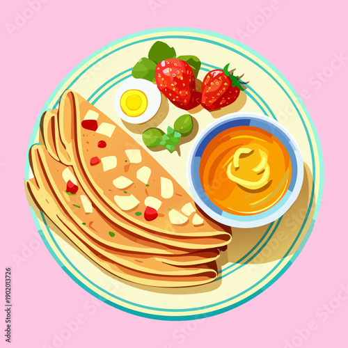 Thin crepes served with strawberry jam and fresh berries for a sweet and fruity morning breakfast treat - Vector Illustration